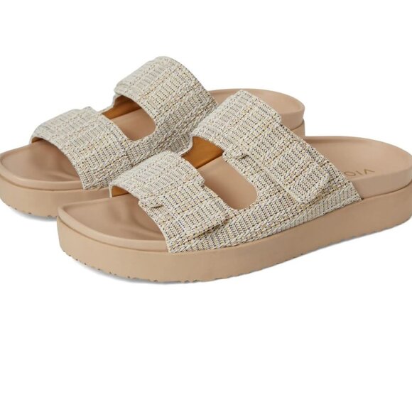 Vionic - Riviera Double Strap Textured Tan Sandal, Size 5 Wide Metallic Accents - Picture 1 of 7